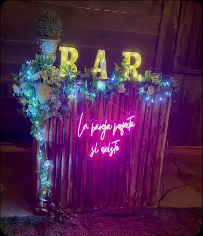 Barra de bebidas decorada con flores, letras neón que dicen "La pareja perfecta sí existe" y otras que dicen "BAR" en letras mayúsculas.